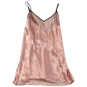 Vintage August Silk Pink Satin Slip Nightgown Dress Black Trim V Neck Girly